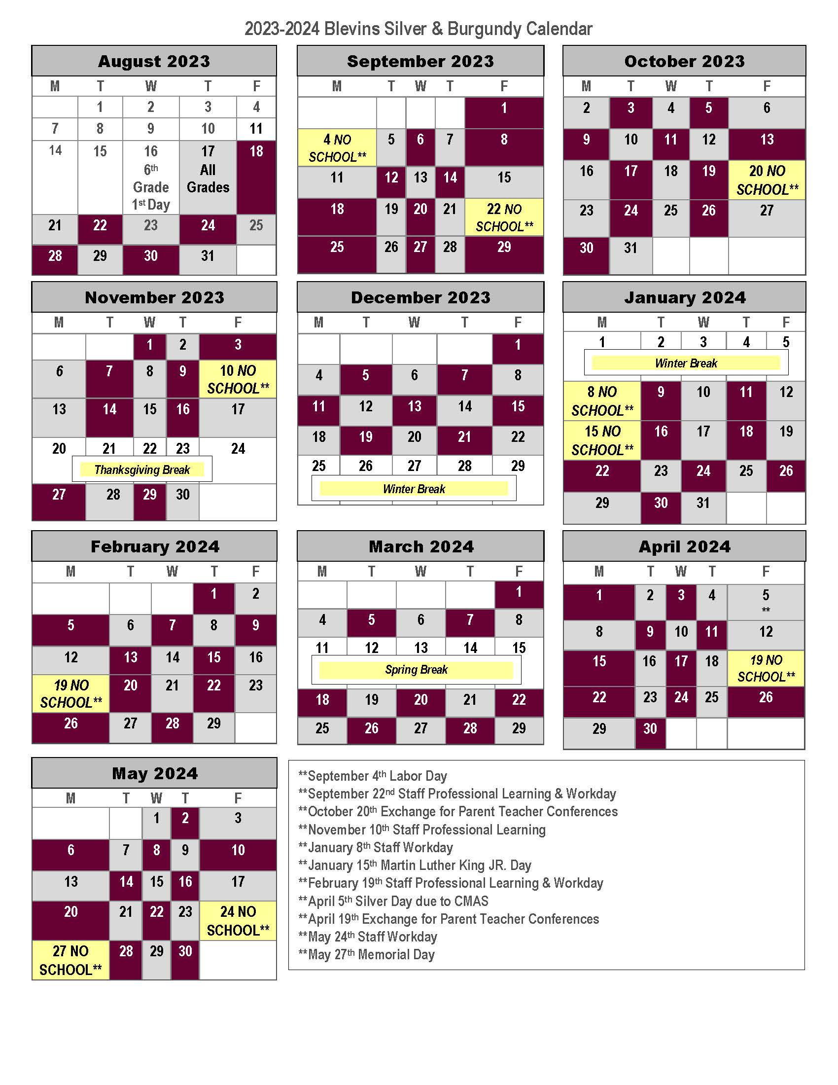 2023-2024 Silver & Burgundy Schedule